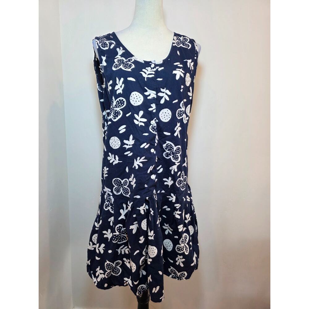 Vintage Trend Basics Navy White Floral Cotton Drop Waist Dress Pockets Large